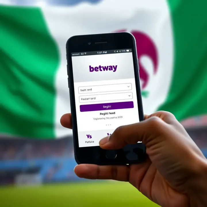 Mobile phone displaying registration form for Betway affiliate app with Nigerian flag background