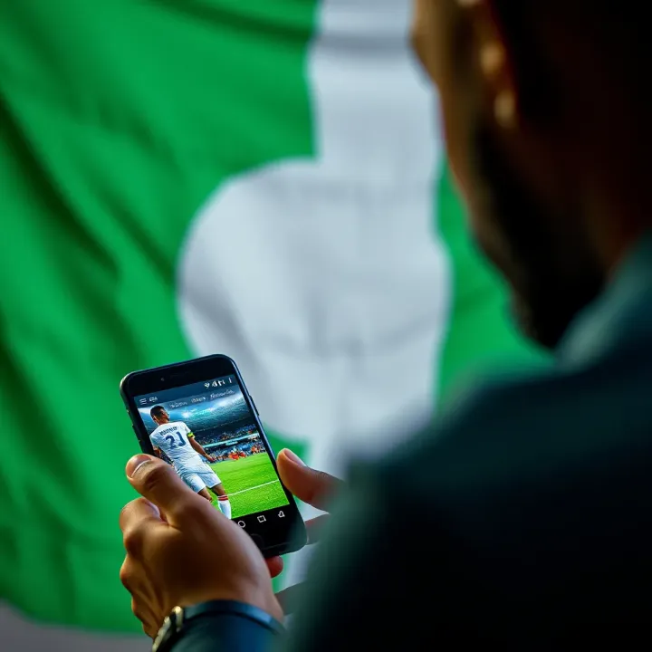 User accessing Betway live stream football service on smartphone with Nigerian flag background