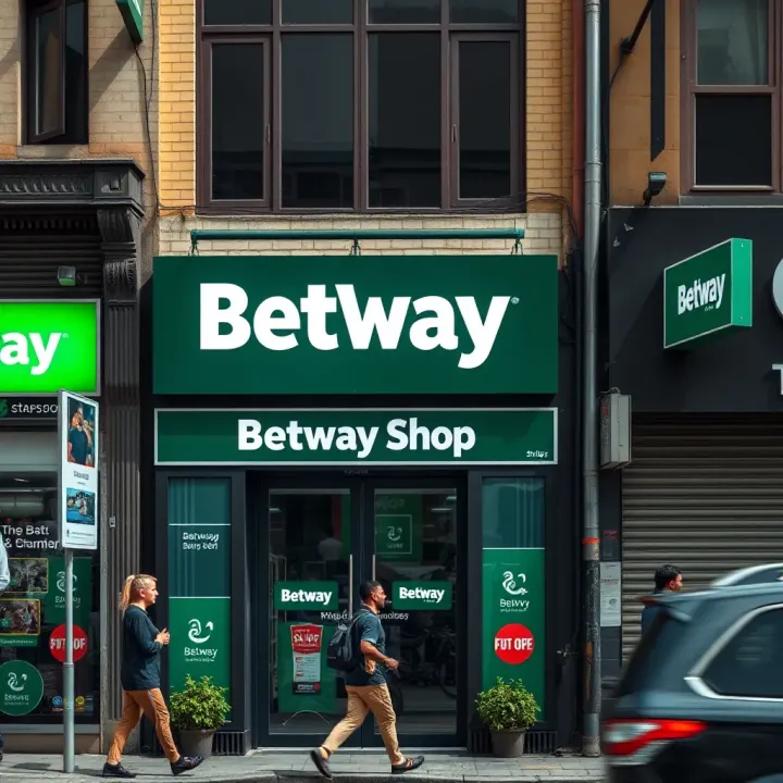 Exterior view of Betway Shop storefront in a busy Nigerian urban area featuring clear signage