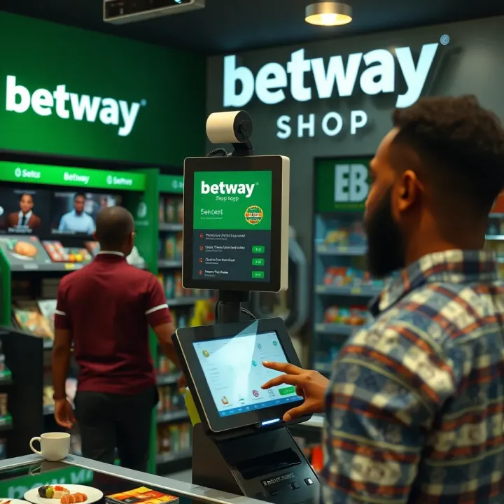 Customer engaging with digital kiosk inside a Betway Shop, placing bets and accessing services