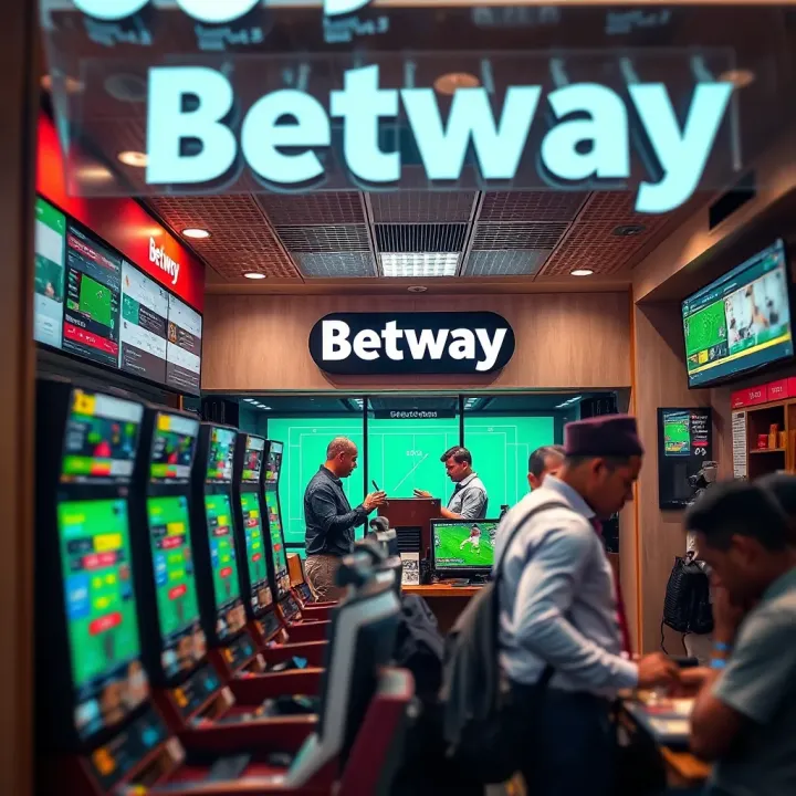 Inside Betway Shop with Betting Terminals and Customer Assistance Inside a Betway shop displaying betting terminals and staff assisting patrons with placing bets and understanding betting options