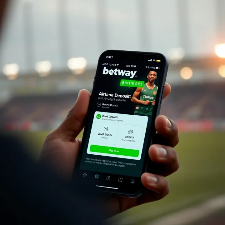 Mobile phone displaying Betway Nigeria app with airtime deposit option