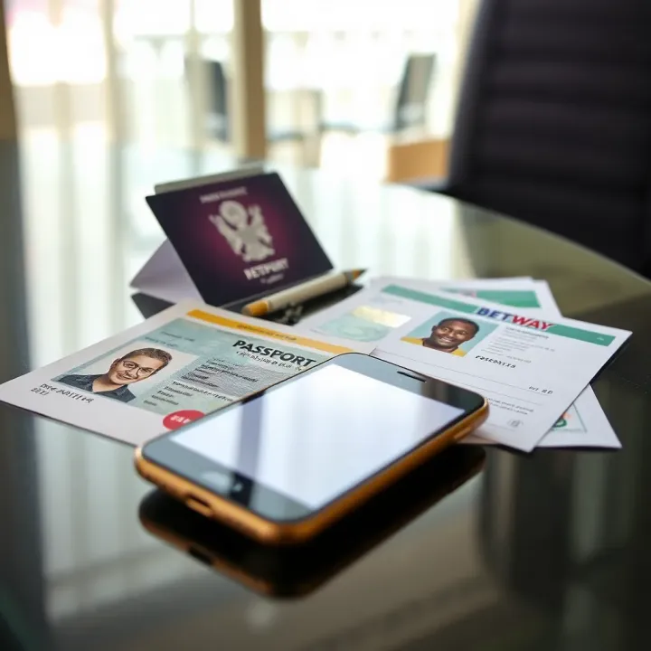 Identification documents like passport and driver's license on a table with a mobile phone displaying Betway app